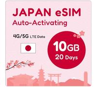 eSIM Giappone 20 giorni 10GB | eSIM QR inviata via e-mail entro 24 ore dalla spedizione | Scansione QR e utilizzo immediato | Attivazione automatica | Rete 5G con tethering/HotSpot/Condivisione
