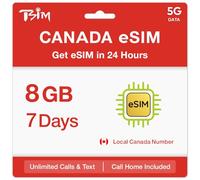 eSIM per il Canada per 7 Giorni | Numero locale canadese con chiamate illimitate, messaggi e 8GB di dati 5G | Ricevi l'eSIM entro 24 ore dalla spedizione | Condivisione hotspot consentita | Chiamate a