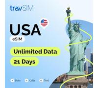 eSIM Stati Uniti con dati illimitati | Rete ad alta velocità 5G/4G | Utilizzabile negli Stati Uniti e nelle Hawaii | Valido per 21 giorni senza costi di roaming | travSIM