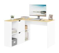 eSituro 120cm Scrivania Angolare a L con 4 Libreria + 2 Armadi, Scrivania ad Angolo da Ufficio con Ripiani, Tavolo da Lavoro Doppio Piano per Computer e Studio, Bianco+Beige, 100x118x75 cm