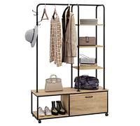 eSituro Appendiabiti da Terra a 5 Ripiani, Stand Appendiabiti con Scarpiera e Ruote, per Ingresso Camera da Letto, 3 Ganci e 1 Armadietto, Rovere Chiaro + Nero