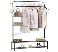 eSituro Appendiabiti da Terra, Doppia Asta Appendiabiti 4 in 1, Rella Appendiabiti con 3 Ripiani, Scarpiera e 4 Ganci, per Camera da Letto, Ingresso, in Metallo, Nero, 164x130x33,5 cm