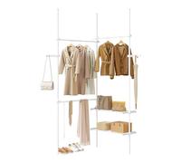 eSituro Appendiabiti Telescopico, Appendiabiti da Terra a Soffitto con 3 Aste per Appendere, 2 Ripiano e 2 Fila di Ganci Laterali, Contenitore Aperto per Indumenti, Bianco