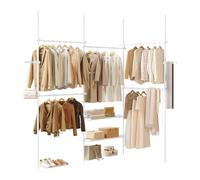 eSituro Appendiabiti Telescopico, Appendiabiti da Terra a Soffitto con 5 Aste per Appendere, 2 Ripiano e 2 Fila di Ganci Laterali, Contenitore Aperto per Indumenti, Bianco