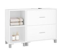 eSituro Mobiletto da Bagno Sottolavello, Mobiletto Portaoggetti da Bagno Freestanding con Cassetti e Laterale, Divisorio Regolabile in Altezza, Ritaglio per Sifoni 14,5x20 cm, Bianco