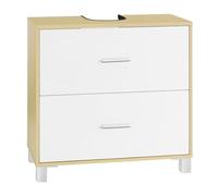 eSituro Mobiletto sotto Lavabo Salvaspazio, Mobile da Bagno con 2 Cassetti e 2 Cubi Interni, Armadio Bagno con Foro per Sifone 15x20 cm, Gambe Rialzate, bianco+legno, 60x30x60 cm