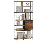 eSituro Scaffale Libreria, Scaffalatura con 7 Scomparti Aperti, 2 Cassetti in Tessuto, Scaffale da Cucina/Ufficio/Studio/Soggiorno, in Legno e Metallo, Marrone Rustico+Nero, 84x30x180cm