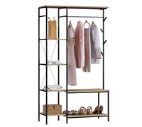 eSituro Stand Appendiabiti con Panca, Porta Abiti da Camera 3 in 1 con 4 Ripiani, 4 Ganci, 1 Asta Appendiabiti, per Corridoio, Ufficio, Camera da Letto, 100x40x175cm, Rovere Chiaro+Nero