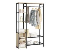 eSituro Stand Appendiabiti con Scarpiera, Attaccapanni Industriale con 2 Vani e 3 Ripiani Aperti, Portabiti da Terra in Legno e Metallo, per Ingresso, Corridoio, Camera da Letto