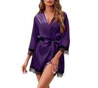 ESKTJH Accappatoio da donna in seta, corto, in pizzo, con maniche a 3/4, in raso, kimono, Viola, Medium