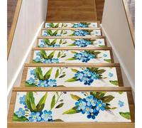 Eslifey Blue Daisy Green Leaves - Set di 15 gradini per scale in legno, 76,2 x 20,3 cm, antiscivolo, per interni, per cani, bambini, anziani, con adesivo riutilizzabile
