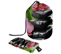 Eslifey Borsa cosmetica con coulisse, a forma di botte, portatile, da viaggio, con pietre di basalto zen e orchidea, grande capacità, impermeabile, multifunzionale, borsa da toeletta, Multicolore,