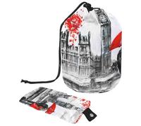 Eslifey Borsa cosmetica con coulisse, borsa da viaggio portatile a forma di barile, borsa da toilette multifunzionale impermeabile con pittura a olio di Londra Street di grande capacità, Multicolore,