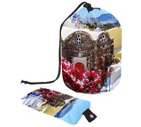 Eslifey Borsa per cosmetici da viaggio, borsa da trucco a barile, borsa multifunzionale per articoli da toeletta con tasca rotonda per riporre oggetti, paesaggio greco di Santorini, Multicolore,