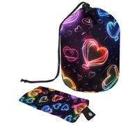 Eslifey Borsa per cosmetici da viaggio, borsa da trucco a barile, borsa multifunzionale per articoli da toeletta con tasca portaoggetti rotonda, motivo cuori al neon, Multicolore,