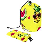 Eslifey Borsa per cosmetici da viaggio, borsa per il trucco a barile, borsa multifunzionale da toeletta con tasca portaoggetti rotonda, motivo tropicale, ananas e labbra, cocktail, anguria e banana,