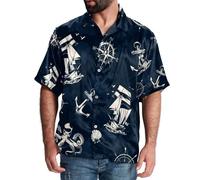Eslifey Camicia da uomo abbottonata a maniche corte, nautica veliero navigazione bussola ruota polpo aragosta pesce spada, multicolore, L