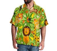Eslifey Camicia da uomo con bottoni a maniche corte, animali della giungla, leone, giraffa, scimmie, multicolore, XL