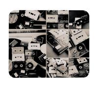 Eslifey Comodo tappetino per mouse in bianco e nero con nastri audio retrò e dischi in vinile in collage tappetino per mouse da scrivania 21 x 25 cm, base in gomma antiscivolo, migliora velocità e