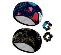 Eslifey Cuffia da doccia riutilizzabile con elastici per capelli da donna, impermeabile, elastica, per capelli lunghi, delfini, narvalo, polipo, simpatici mostri del profondo, 2 pezzi