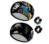 Eslifey Cuffia da doccia riutilizzabile con elastici per capelli da donna, impermeabile, elastica, per capelli lunghi, motivo mostro auto, 2 pezzi