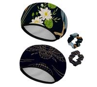 Eslifey Cuffia da doccia riutilizzabile con elastici per capelli, da donna, impermeabile, elastica, per capelli lunghi, airone, ninfea e giunco