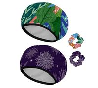 Eslifey Cuffia da doccia riutilizzabile con elastici per capelli da donna, impermeabile, elastica, per capelli lunghi, motivo astratto con fiori primaverili, foglie e alberi, 2 pezzi