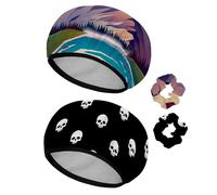 Eslifey Cuffia da doccia riutilizzabile con elastici per capelli da donna, impermeabile, elastica, per capelli lunghi, grande montagna circondata da fiume paesaggio montano, 2 pezzi