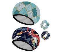 Eslifey Cuffia da doccia riutilizzabile con elastici per capelli da donna, impermeabile, elastica, per capelli lunghi, motivo tradizionale a mosaico a griglia dorata, 2 pezzi