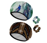 Eslifey Cuffia da doccia riutilizzabile con elastici per capelli da donna, impermeabile, elastica, per capelli lunghi, con palma di pavone, pittura ad acquerello, 2 pezzi