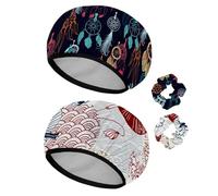 Eslifey Cuffia da doccia riutilizzabile con elastici per capelli da donna, impermeabile, elastica, per capelli lunghi, retrò, etnico, tribale, indiano, acchiappasogni e piume, 2 pezzi