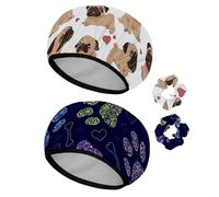 Eslifey Cuffia da doccia riutilizzabile con elastici per capelli da donna, impermeabile, elastica, per capelli lunghi, motivo carlini cartoni animati, cuccioli, cuore, cani, 2 pezzi