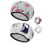 Eslifey Cuffia da doccia riutilizzabile con elastici per capelli da donna, impermeabile, elastica, per capelli lunghi, motivo leopardato con fenicotteri rosa, zebra, triangoli, 2 pezzi