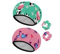 Eslifey Cuffia da doccia riutilizzabile con elastici per capelli da donna, impermeabile, elastica, per capelli lunghi, motivo con mucca che mangia erba e fiori, 2 pezzi