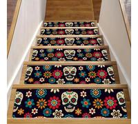 Eslifey Day of the Dead - Set di 15 gradini per scale in legno, motivo teschi di zucchero e fiori, antiscivolo, 76,2 x 20,3 cm, per interni, per cani, bambini e anziani, con adesivo riutilizzabile