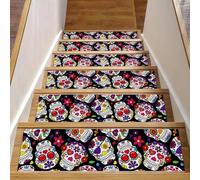 Eslifey Day of the Dead - Set di 15 gradini per scale in legno, motivo teschio di zucchero, antiscivolo, per interni, 76,2 x 20,3 cm, per cani, bambini e anziani, con adesivo riutilizzabile