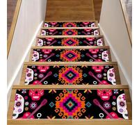 Eslifey Day of the Dead - Tappetini per scale in legno con teschi di zucchero messicani, motivo fiori colorati, 76,2 x 20,3 cm, antiscivolo, per interni, per cani, bambini e anziani, con adesivo