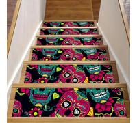 Eslifey Day of the Dead - Tappetini per scale in legno, motivo floreale con teschi di zucchero, confezione da 15 pezzi, 76,2 x 20,3 cm, antiscivolo, per interni, per cani, bambini, anziani, con