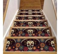Eslifey Day of the Dead - Tappetini per scale in legno, motivo teschio di zucchero, per interni, antiscivolo, per cani, bambini, anziani, con adesivo riutilizzabile, 76,2 x 20,3 cm, confezione da 15