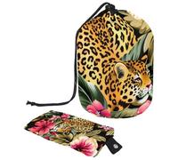 Eslifey Grande borsa di trucco del cordone del barilotto, borsa cosmetica di viaggio del modello del leopardo del fiore tropicale, Multicolore, 9.9x6.9in/25.2x17.6cm