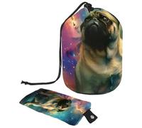 Eslifey Grande borsa di trucco del cordone del barilotto, borsa cosmetica portatile di viaggio della galassia del cane del carlino che, Multicolore, 9.9x6.9in/25.2x17.6cm