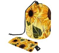 Eslifey Grande borsa per il trucco con coulisse, borsa cosmetica da viaggio con motivo dorato con girasoli poligonali matematici, Multicolore, 9.9x6.9in/25.2x17.6cm