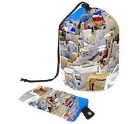Eslifey Grande borsa per il trucco con coulisse - Grecia Santorini Caldera borsa cosmetica da viaggio portatile borsa organizer per il trucco, Multicolore, 9.9x6.9in/25.2x17.6cm