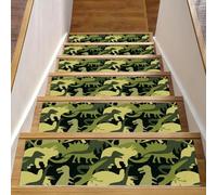 Eslifey Green Army - Set di 15 gradini per scale in legno, motivo dinosauro, 76,2 x 20,3 cm, antiscivolo, per interni, per cani, bambini, anziani, con adesivo riutilizzabile