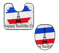 Eslifey Happy Bastille Day - Set di 2 copriwater e tappetino per WC a forma di U, lavabili in lavatrice, antiscivolo, assorbenti