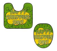 Eslifey Set da 2 pezzi con copriwater e tappetino per WC a forma di U, con sfondo verde Happy Children's Day, lavabile in lavatrice, antiscivolo, assorbente