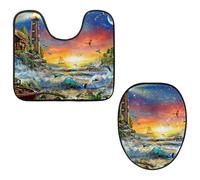 Eslifey Set da 2 pezzi con copriwater e tappetino per WC a forma di U, motivo cielo magico, uccellino, faro, lavabile in lavatrice, antiscivolo, assorbente