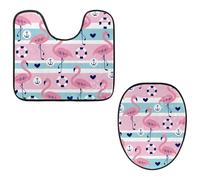 Eslifey Set da 2 pezzi con copriwater e tappetino per WC a forma di U, motivo fenicottero a righe nautiche, lavabili in lavatrice, antiscivolo, assorbenti