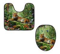 Eslifey Set da 2 pezzi con copriwater e tappetino per WC a forma di U, motivo: tigre nella giungla, lavabile in lavatrice, antiscivolo, assorbente
