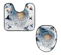 Eslifey Set di 2 copriwater e tappetino per WC a forma di U, acchiappasogni, colibrì, dente di leone, fiori, lavabili in lavatrice, antiscivolo, assorbenti